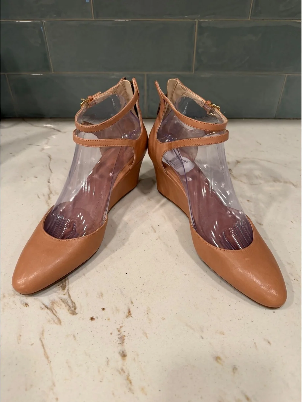 Cole Haan Grand.OS Leather Double Ankle Strap Wedge Pumps - Tan / Nude Sz